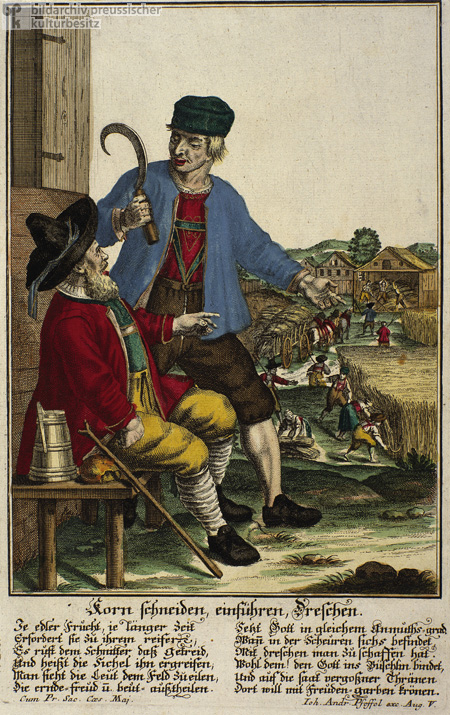 Korn schneiden, einführen und dreschen (ca. 1740)